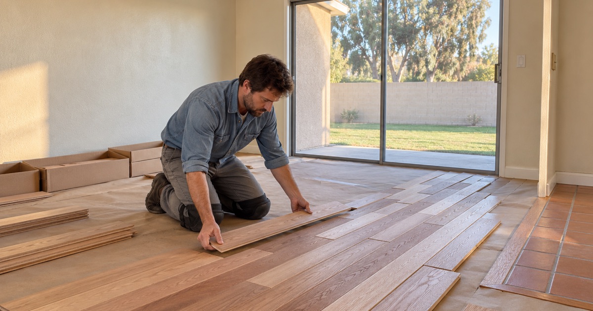 Worker laying out loose oak boards across a room to blend their color before installation in a Chino house.