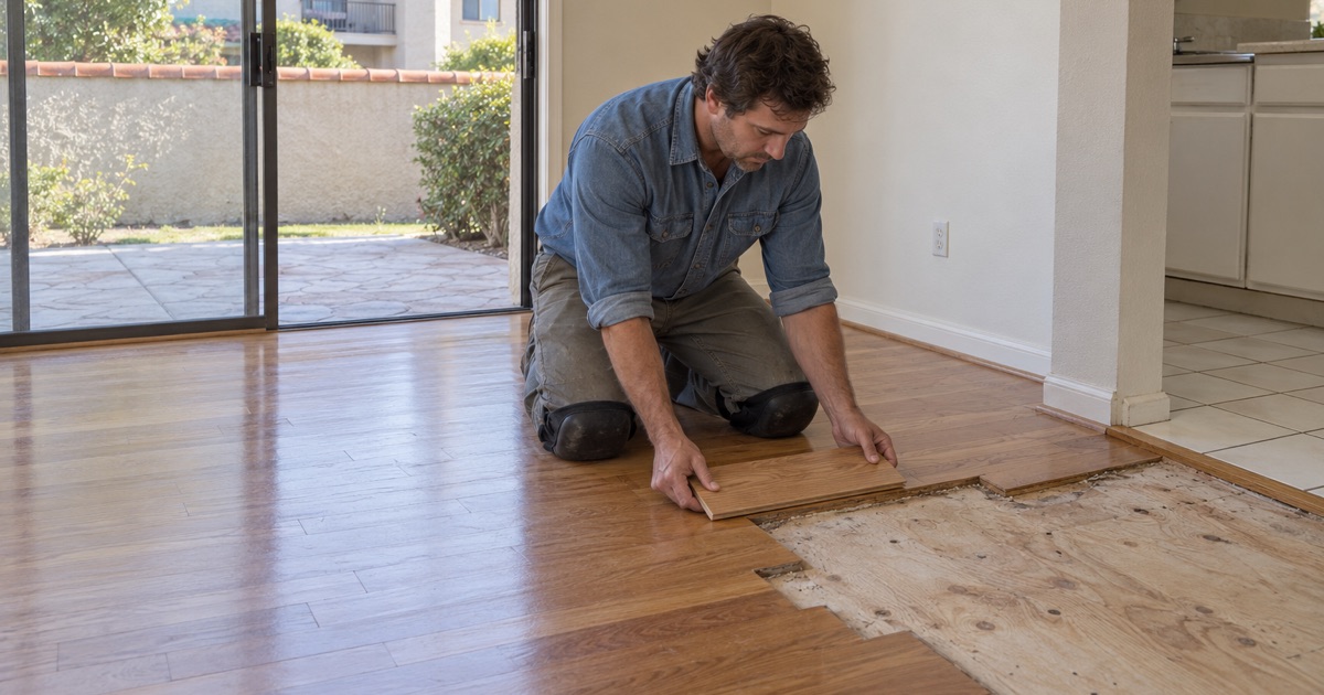 Worker holding a new oak sample board against a worn condo floor to match its color after leak damage in Chino.