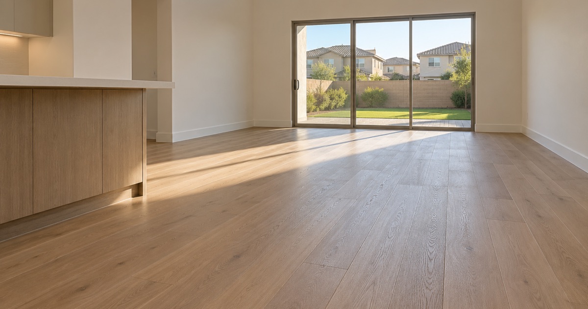 Finished wide white oak plank floor in the open-plan great room of a two-story house in Chino, afternoon light across the boards.