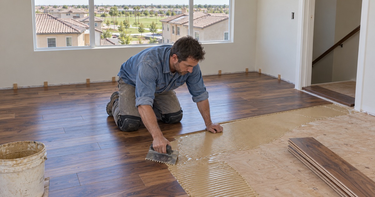 Worker spreading flooring adhesive with a notched trowel ahead of new engineered hickory planks on the upper floor of a Chino house.