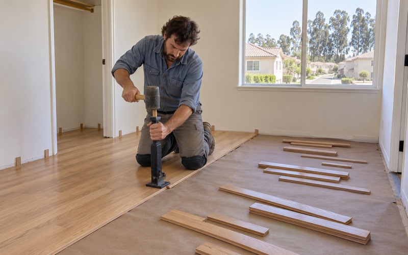 Worker driving a flooring nailer against the tongue of a new solid oak board in an upstairs bedroom of a Chino house.