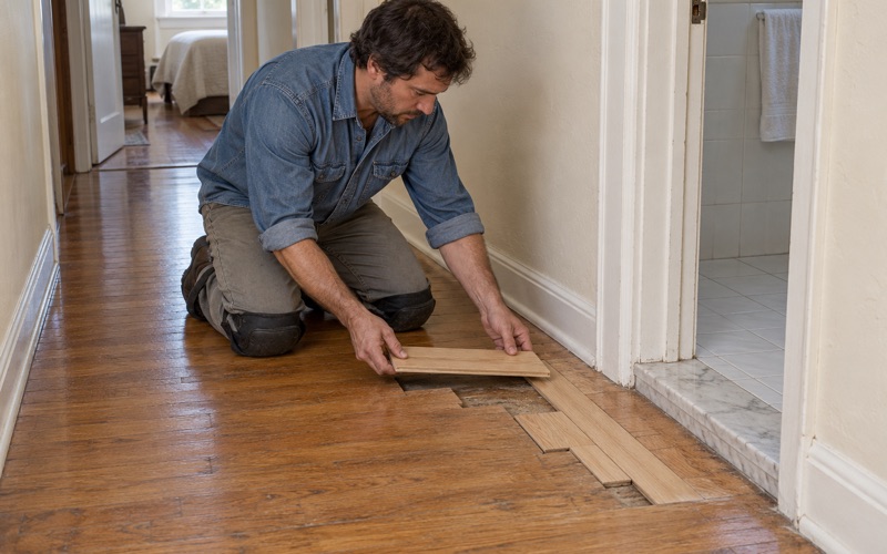 Worker tapping a new red oak strip into a staggered repair with a tapping block and mallet in a Chino hallway.
