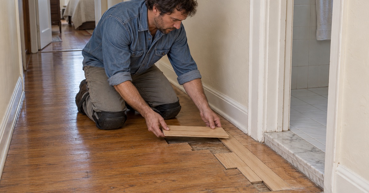 Worker tapping a new red oak strip into a staggered repair with a tapping block and mallet in a Chino hallway.