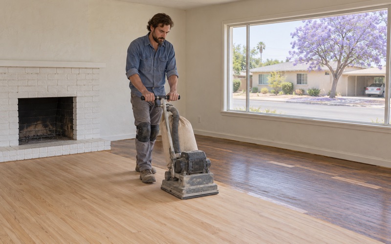 Worker walking a square-pad orbital sander across the original oak floor of a 1950s ranch house in Chino.