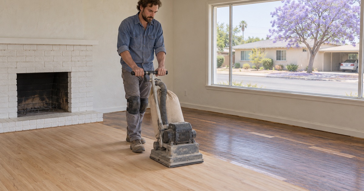 Worker walking a square-pad orbital sander across the original oak floor of a 1950s ranch house in Chino.