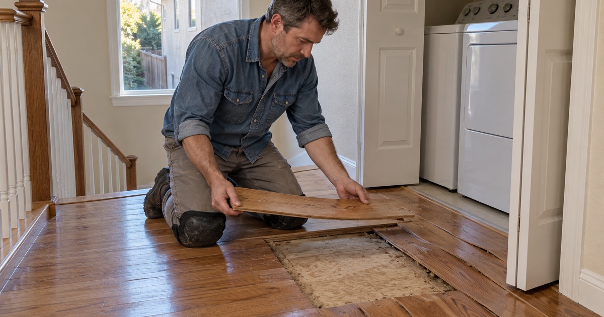 Worker lifting a cupped oak board out of a floor damaged by an upstairs laundry leak in a Chino house.