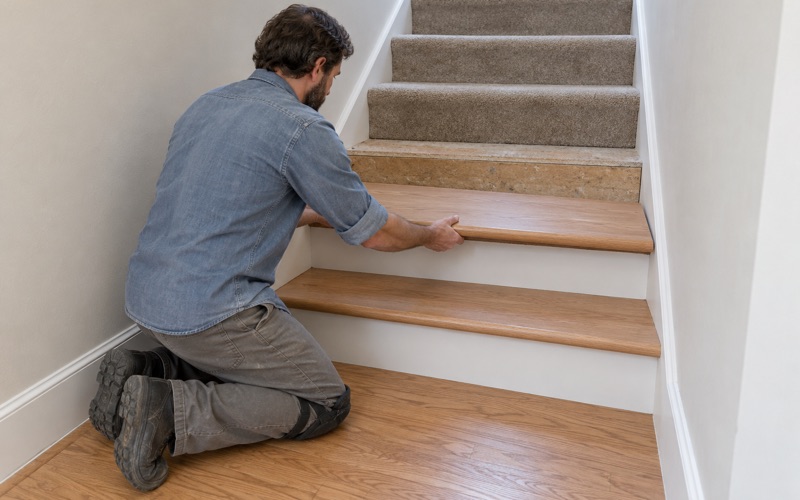 Worker lowering a new oak retro tread with a rounded nosing onto a stripped staircase in a two-story Chino house.
