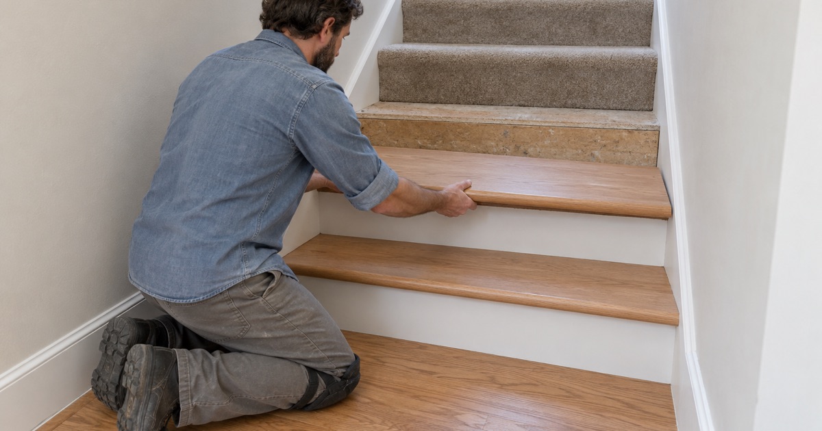 Worker lowering a new oak retro tread with a rounded nosing onto a stripped staircase in a two-story Chino house.