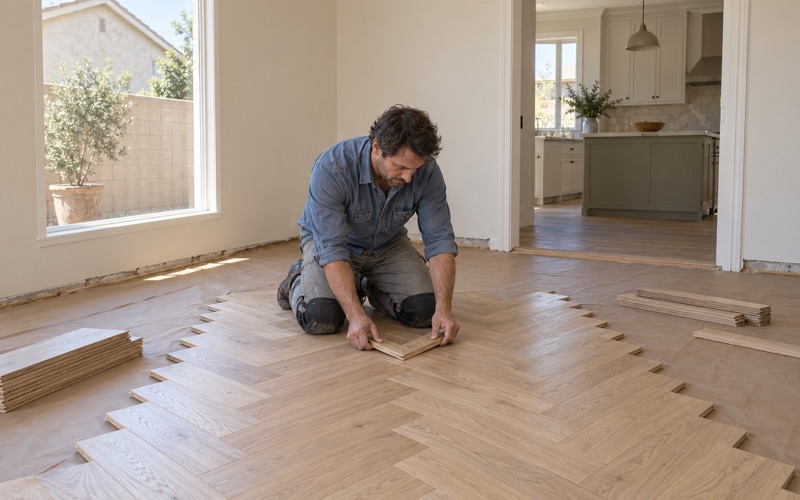 Worker setting a white oak slat at the point of a new herringbone floor in the dining room of a Chino house.