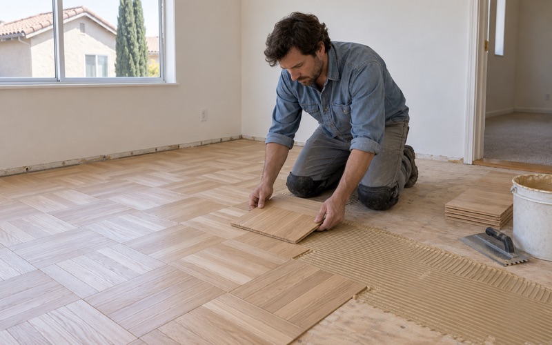 Worker setting a new white oak finger-block parquet square into adhesive in an upstairs room of a Chino house.
