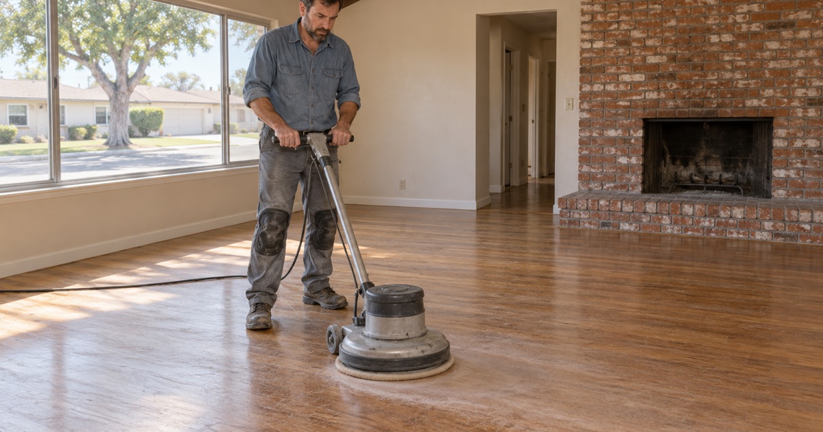 Worker screening the worn finish on an oak floor with a floor buffer before a recoat in a 1970s ranch house in Chino.