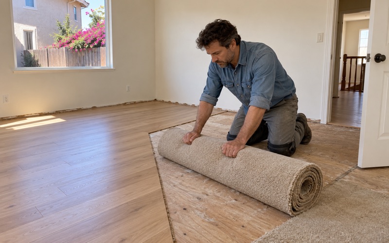 Worker rolling up old carpet beside a new oak floor half laid in a bedroom of a Chino house.