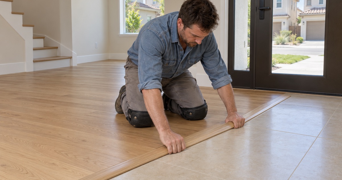 Worker seating a flush oak reducer where new white oak flooring meets the tiled entry of a three-story house in Chino.