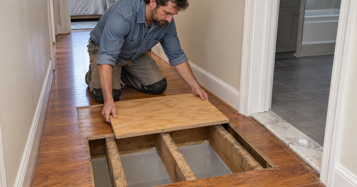 Worker lowering a new plywood subfloor panel into an opening over the joists of an upstairs bathroom doorway in a Chino house.