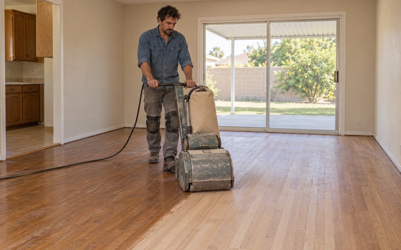 Worker walking a drum sander along red oak strip flooring in a 1970s single-story ranch house in Chino, a band of bare oak behind the machine.