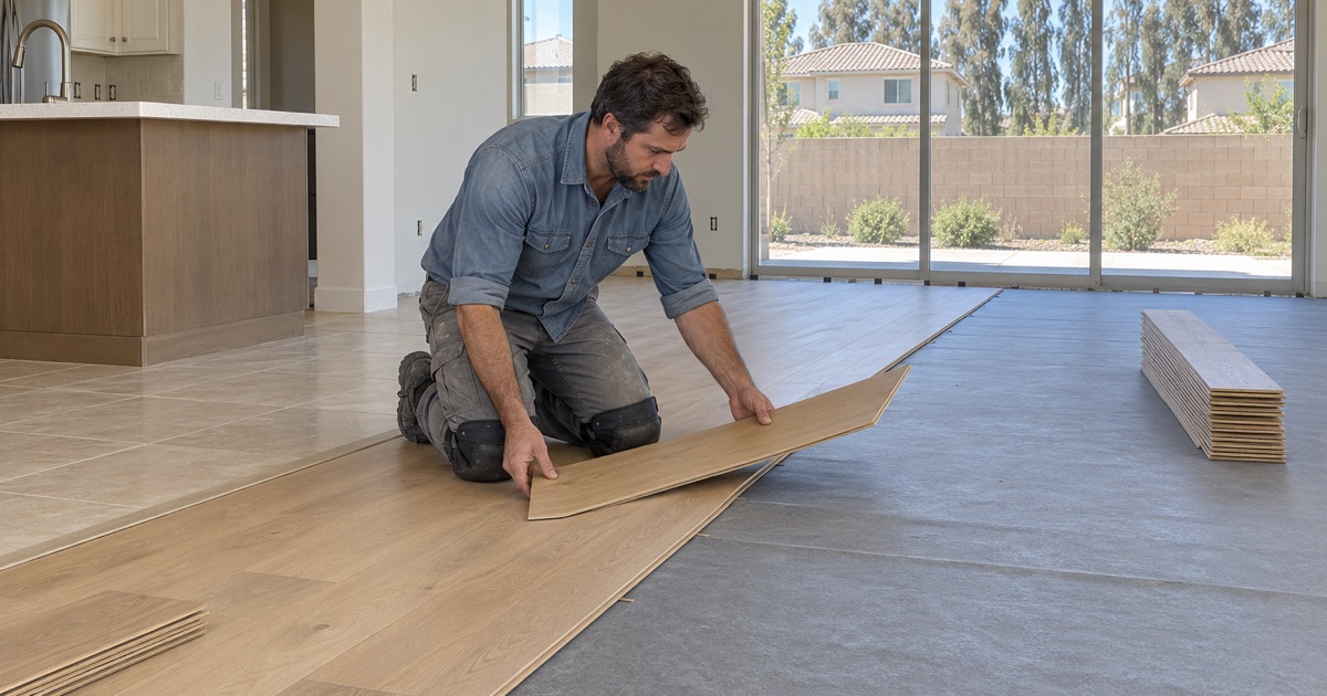 Worker angling a wide engineered white oak plank into place in the open-plan great room of a 2000s two-story house in Chino.